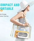 Woman carrying transparent bag with Powerful 48KHz Ultrasonic Cleaner For Jewelry And Delicate Finds, 12oz Stainless Cleaning Pod inside