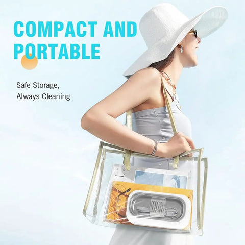 Woman carrying transparent bag with Powerful 48KHz Ultrasonic Cleaner For Jewelry And Delicate Finds, 12oz Stainless Cleaning Pod inside