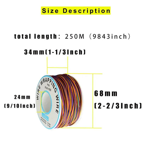 Spool of 30AWG PVC Coated Tin Plated Copper Wire Wrapping Wire With 8 Color Insulation For PCB Soldering, dimensions labeled