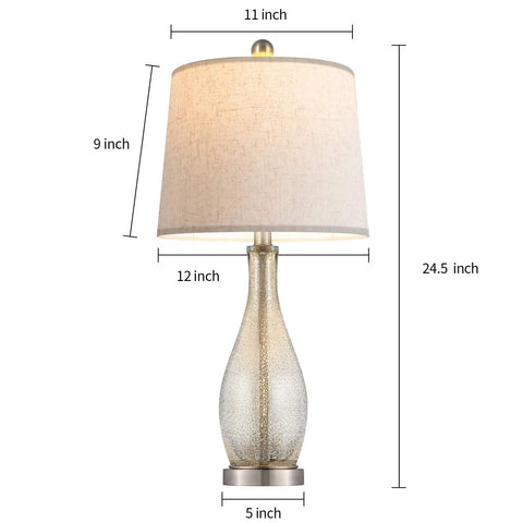 24.5 Inch Glass Table Lamps Set Of 2 With USB Charging Ports silver finish lamp with fabric shade and dimensions