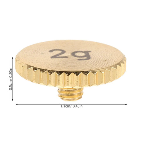 Top Tier Perseleso 2g Headshell Counterweight, gold metal tuning tool, precise turntable tonearm calibration.