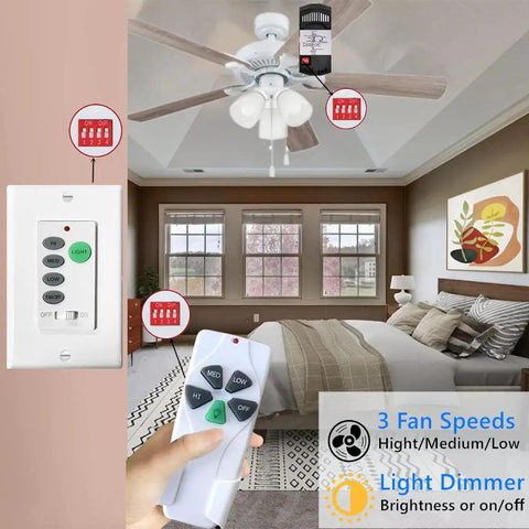 Universal Ceiling Fan Remote Control Kit With Wall Switch And Handheld Remote Receiver 3-Speed Dip Switch Light Dimmer Compatible With Hampton Bay Harbor Breeze Hunter And More Fans