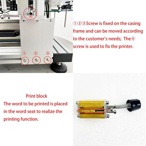 No Sweat High Speed Automatic Round Bottle Labeling Machine Desktop Conveyor Label Applicator For Glass And Plastic Bottles assembly detail, screws and print block shown.