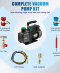 Front view of PB Motor TECH vacuum pump kit with 4.5CFM 1/3HP pump, hoses, can tap, SAE adapter, and 3-way gauge manifold.