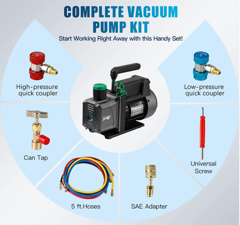 Front view of PB Motor TECH vacuum pump kit with 4.5CFM 1/3HP pump, hoses, can tap, SAE adapter, and 3-way gauge manifold.