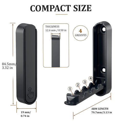 Sick Folding Wall Hooks Black Rounded Design Swivel Arms Tuck Flat Against Wall Space Saving Zinc Alloy Heavy Duty Coat Hangers, dimensions labeled.