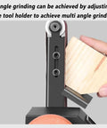 Multifunctional Electric Belt Sander Grinder With 10 Belts, 7-Speed Adjustable Motor For Metal Polishing And Sanding, 0-90 Degree Angle Adjustment, Reverse Function, 8000Rpm Power Tool, showing adjustable tool holder for angle grinding.
