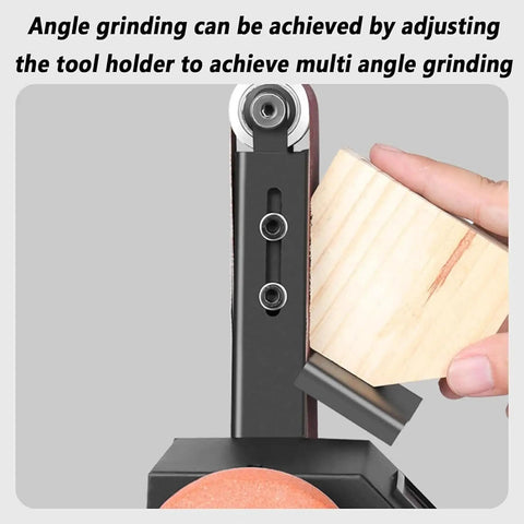 Multifunctional Electric Belt Sander Grinder With 10 Belts, 7-Speed Adjustable Motor For Metal Polishing And Sanding, 0-90 Degree Angle Adjustment, Reverse Function, 8000Rpm Power Tool, showing adjustable tool holder for angle grinding.