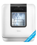 No Sweat Countertop Dishwasher Featuring A 1.59 Gal Built In Water Tank And Five Plus Two Smart Wash Cycles Plug And Go Setup, front view with auto open dryer.