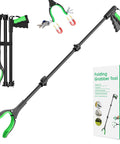 VerdiNex 52in foldable reacher grabber tool with magnetic tip and 360° rotating anti-slip jaw, black with green accents