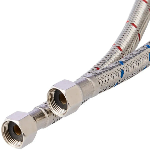 Single Handle Modern Bathroom Faucet In Polished Chrome With Brass Body And Zinc Alloy Handle, No-Fuss 1 Hole Mount, Ceramic Disc Cartridge, Includes Two 23 5 8 Inch Braided Stainless Steel Supply Hoses, Deck Plate Not Included For 3 Hole Install showing braided stainless steel supply hoses close-up view with threaded ends for plumbing connection.