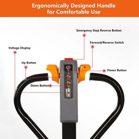 Ergonomically designed handle of Heavy Duty Electric Pallet Jack Truck With 4400 Lbs Capacity showcasing control buttons and voltage display.