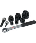 Heavy Duty Mechanical Slug Out And Ratchet Wrench Kit, 1/2 To 2 Inch Conduit Punch Set With Dies And Drives, 10 AWG Mild Steel Rated, Hella Tough Rig Gear For Tradesmen In Black on display.