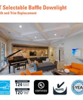 4 Inch LED Recessed Retrofit Trim Can Light Kit in a modern living room, indoor use with selectable baffle downlights.