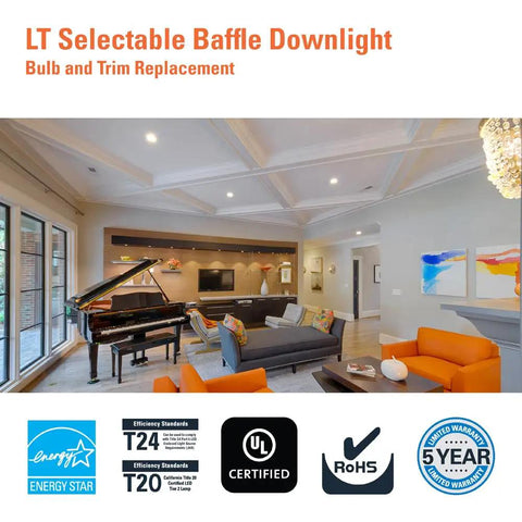 4 Inch LED Recessed Retrofit Trim Can Light Kit in a modern living room, indoor use with selectable baffle downlights.