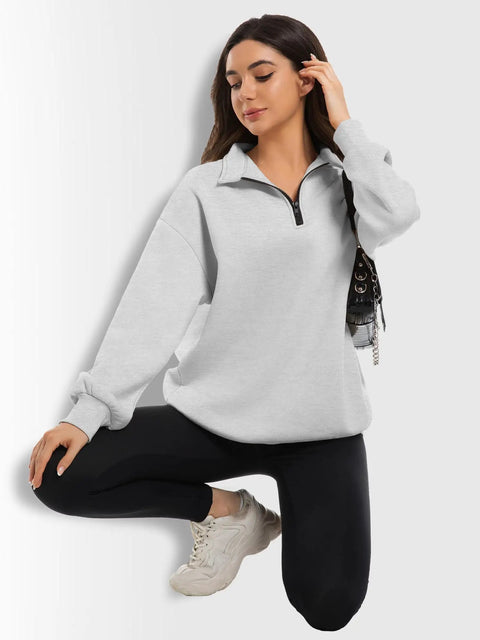 Model wearing Oversized Womens Hoodie Sweatshirt Quarter Zip Pullover For Fall And Winter With Soft Fleece Lining Long Sleeve Grey
