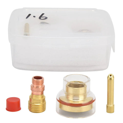 Glass Nozzle For Argon Welding Torch 1.6mm TIG Kit With Brass Collet Set, components displayed in front of clear box