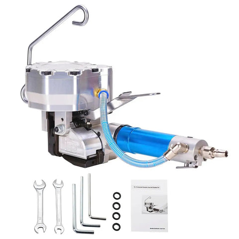 No Fuss Pneumatic Steel Strapping Machine Featuring Steady Tensioner And Quick Auto Cutter showing steel strapping tool components and manual.