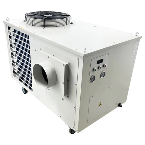 Heavy Duty Portable Industrial Spot Cooler Packs Nasty Cold Air For Sweatboxes And Warehouses With A Solid 51000 Btu Punch. View of unit with fan and exhaust.