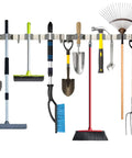 Heavy Duty Mop And Broom Wall Mount Organizer With Metal Utility Hooks, Space Saving Broom Holder, 4 slots, tools on hooks