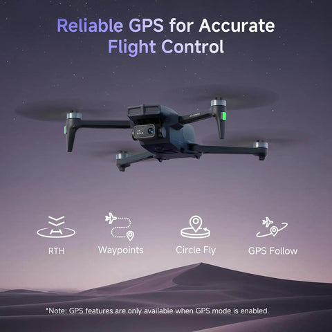 4K UHD GPS Drone with 13MP Camera hovering at night showcasing GPS flight control features like RTH and circle fly options.