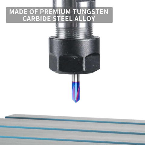 EANOSIC 90-degree carbide V-bit, close-up view, 1/4 inch shank, blue coating, 4-flute for wood CNC engraving (Amazon)