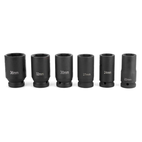 Heavy Duty 10 Pc Metric Impact Socket Set With 3/4 Inch Drive Deep Sockets For Lug Nuts Range From 22mm To 50mm Chrome Molybdenum Steel Built Tough For Auto Repair And Garage Workshops, 22mm to 36mm sockets shown