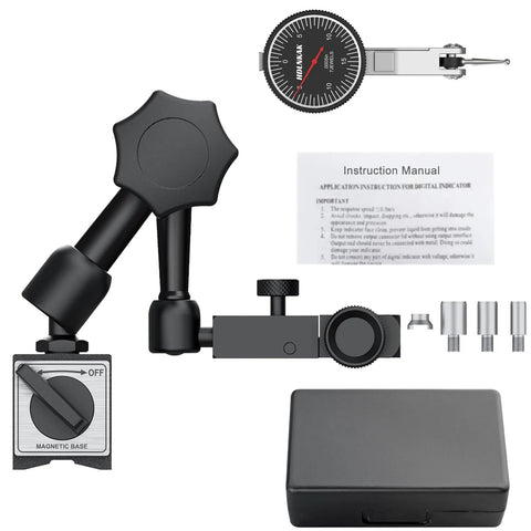 Dial test indicator with black magnetic base stand, mounted on arm, plus 3 dovetail clamps, storage case, and manual