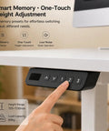 Compact Electric Standing Desk With Single Motor And One Touch Lift System Lowkey Perfect For Small Home Offices Featuring A Solid White Steel Frame that shows smart memory controls and height adjustment features.