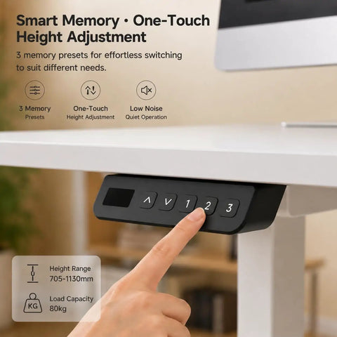 Compact Electric Standing Desk With Single Motor And One Touch Lift System Lowkey Perfect For Small Home Offices Featuring A Solid White Steel Frame that shows smart memory controls and height adjustment features.