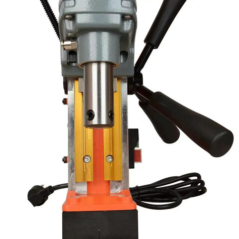 Close-up view of Heavy Duty Magnetic Drill Press 1400W Motor With 11 Piece Kit portable tool for precise steel drilling.