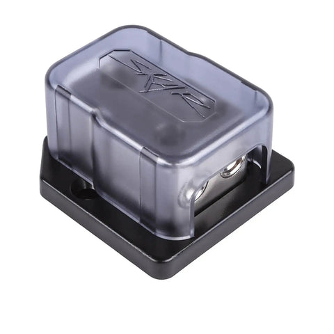 Power Distribution Block For Car Audio With 1/0 Or 4 AWG In Dual 4/8 AWG Out Solid zinc alloy cover on mounting base