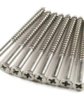 Top Shelf Satin Nickel Hinge Outlet Wood Screws Heavy Duty Flat Head Fasteners For Doors Cabinets Furniture And Diy With Phillips Drive For A Smooth Flush Finish And Rock Solid Alignment Secure Fit In 24 Piece Pack Of 9 X 2 1/4 Inch Hardware, showing eight screws lined up in a row.