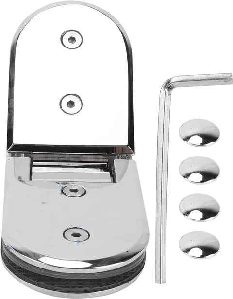 Beefy 135 Degree Door Hinges For 8 To 12mm Glass with hex wrench and caps, sleek mirror finish, durable hardware shown