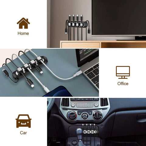 Magnetic Cable Holder Six Slot Cable Clips for desk and car use, organizing USB cables and power cords with strong adhesive.