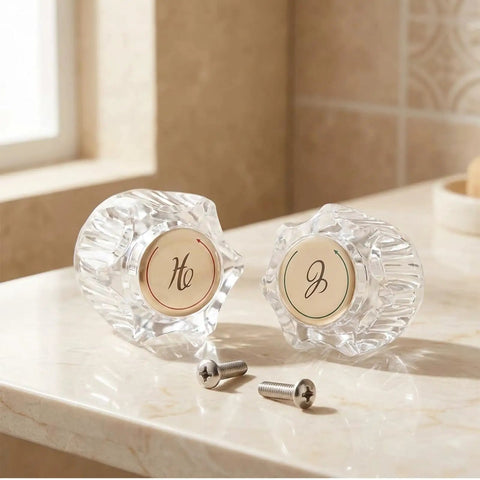 Upgrade Your Bathroom With Stylish Clear Acrylic Faucet Handles. 4PCS set, 2 clear knobs with screws on sink countertop