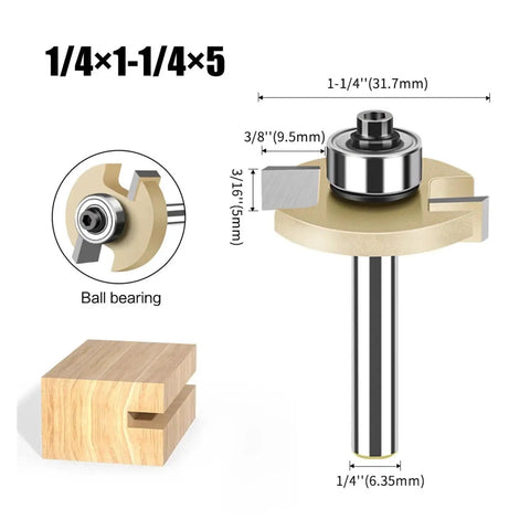 Must Have Heavy Duty Rabbeting Router Bit 1-1/4 In With Precision Bearing And 6mm Or 1/4 Inch Shank shown with dimensions and cutting profile.