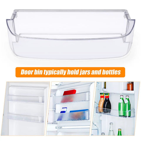 Door Shelf Bin For Refrigerator WPW10710203 Replacement Fits Whirlpool Models shown storing jars and bottles in-door