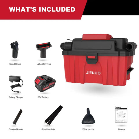 Cordless Wet Dry Vacuum Cleaner With Brushless Motor, 20V 2.5 Gallon Shop Vac, accessories included, red and black design