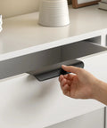 Black 25 Pack 5 Inch Hole Center Cabinet Handles and 6 Inch Edge Pulls for Cabinets and Dressers Modern Aluminum Alloy Finger Pulls for Kitchen Cabinets and Drawers Built To Last Slick Durable Easy Install on white dresser close-up.