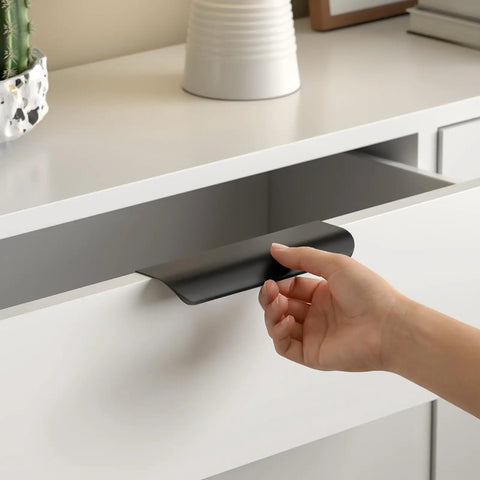 Black 25 Pack 5 Inch Hole Center Cabinet Handles and 6 Inch Edge Pulls for Cabinets and Dressers Modern Aluminum Alloy Finger Pulls for Kitchen Cabinets and Drawers Built To Last Slick Durable Easy Install on white dresser close-up.