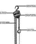 Jet 1-Ton hand chain hoist, 20 ft lift, black oxide load chain, cast steel safety latches