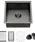 Undermount Kitchen Bar Sink 18 x 16 x 9 Inches Black Stainless Steel Small Bar Prep Sink For Outdoor Laundry RV Use Handmade 304 Stainless Steel With PVD Nano Black Finish For Rust Resistance shown with accessories