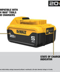 Heavy Duty 20V MAX 5Ah Lithium Ion Battery And Charger Combo Featuring Led Fuel Gauge with charge indicator, yellow and black design.
