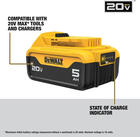 Heavy Duty 20V MAX 5Ah Lithium Ion Battery And Charger Combo Featuring Led Fuel Gauge with charge indicator, yellow and black design.