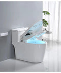 Super Plush Heated Toilet Seat With Auto Opening Bidet Lid Smart Ambient Night Light Short V Shape Design showing blue ambient light in bathroom.