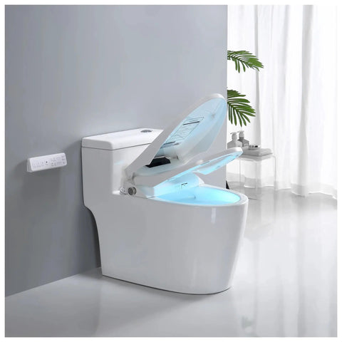 Super Plush Heated Toilet Seat With Auto Opening Bidet Lid Smart Ambient Night Light Short V Shape Design showing blue ambient light in bathroom.