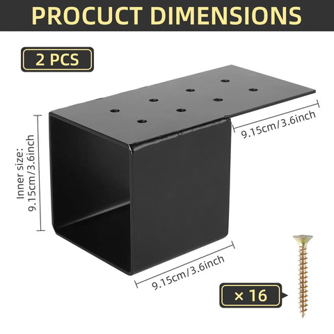 Heavy Duty Pergola Joist Brackets Set For 4x4 Wood Posts, shown with dimensions and screws for installation