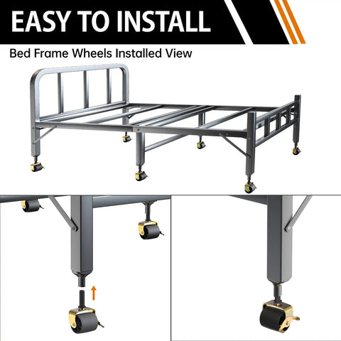 Heavy Duty Metal Bed Frame Casters Set Of Eight For Tool Free Mounting Replaces Damaged Bed Parts with smooth rolling wheels installed view