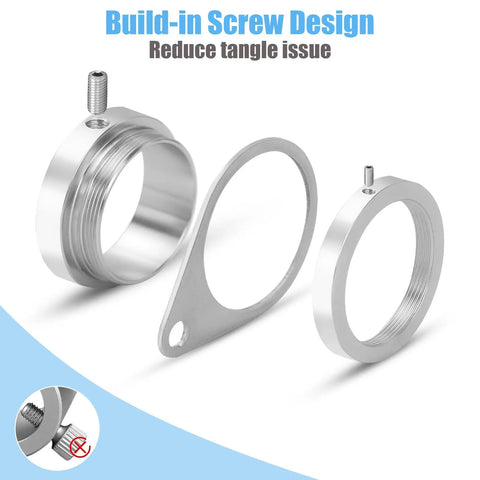 2 Pack Flag Pole Rings, Slick Spinning One Inch Clips Cut Wrapping Stress, Rock Solid Aluminum Steel Hardware showing screw design.